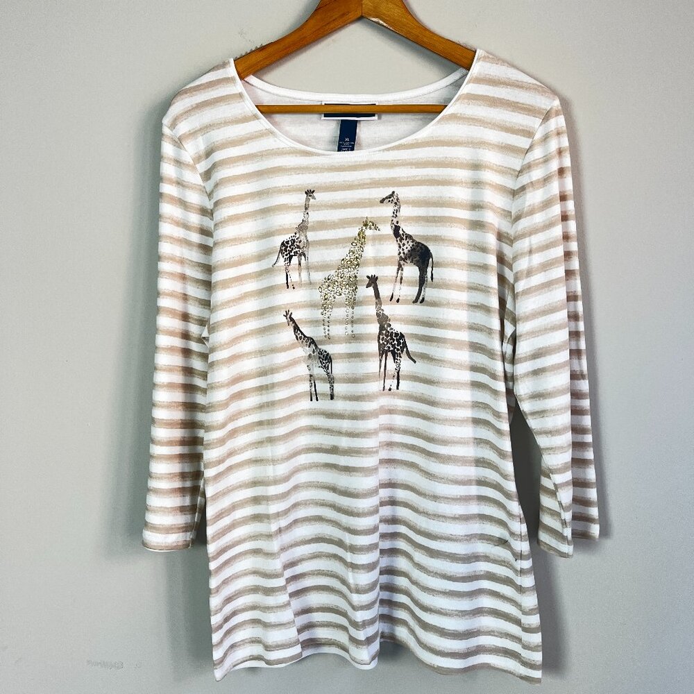2/$30 Karen Scott Striped Giraffe Tan White Crew Neck Top XL